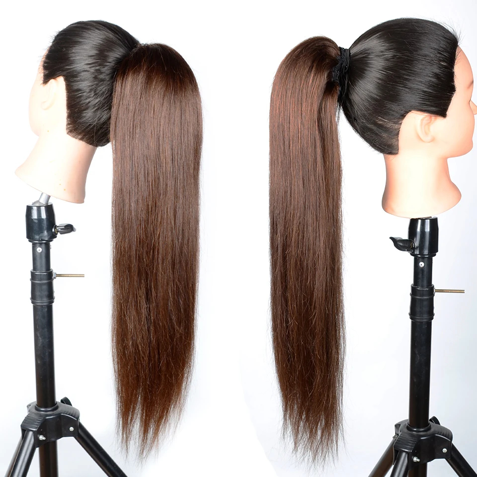ストレート巾着ポニーテール # 4 ミディアムブラウン色のヘアエクステンション人毛ブラジルレミークリップエクステンション 100 グラム女性のための