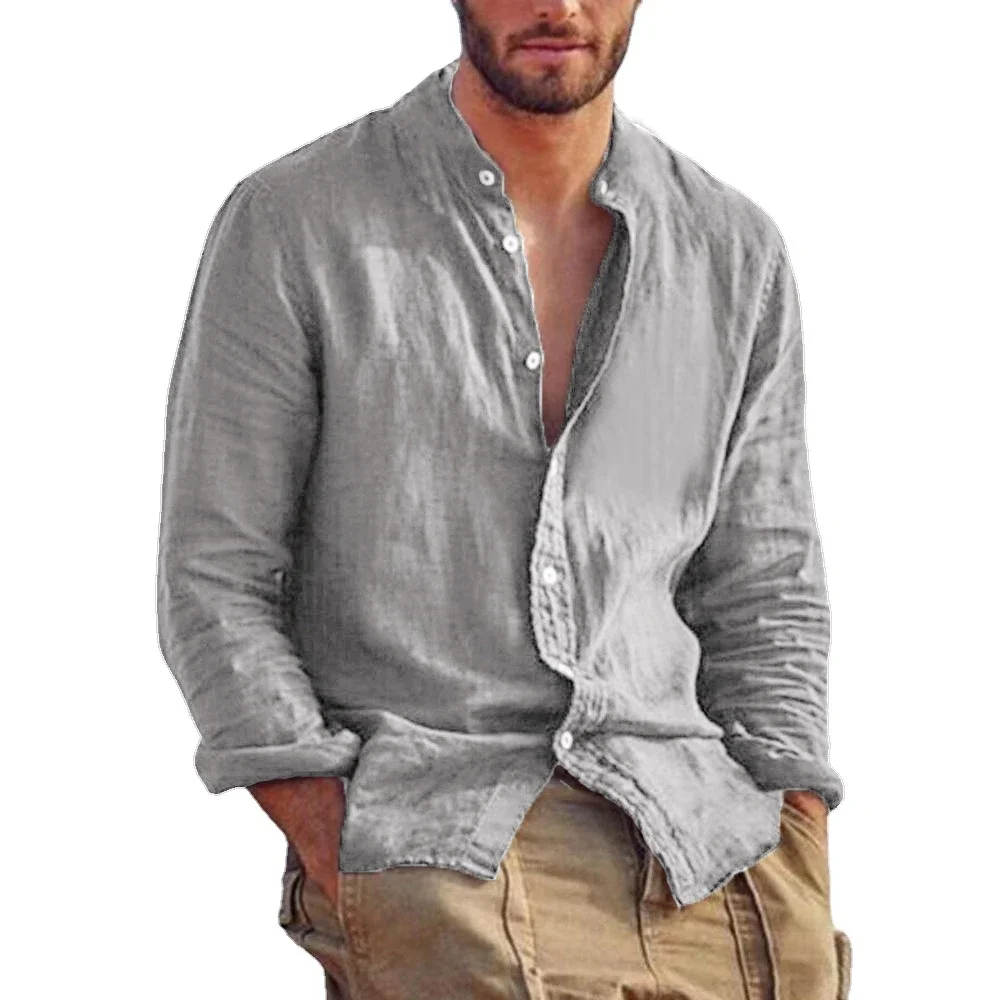 Camicia a maniche lunghe in tinta unita da uomo nuova Camicie in cotone di lino Tendenza Taglie forti Colletto alla coreana Top da spiaggia leggeri casual
