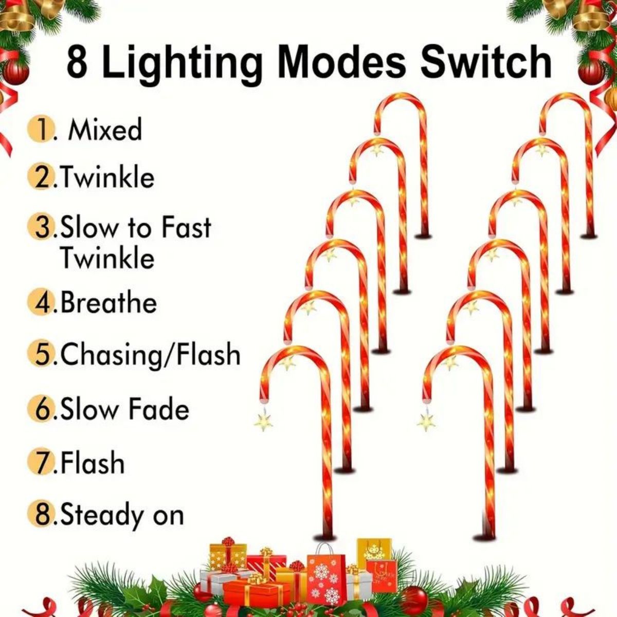 8 unids/set de luces de bastón de jardín con energía solar, luces decorativas impermeables de 8 funciones, luces de jardín de dulces de Navidad