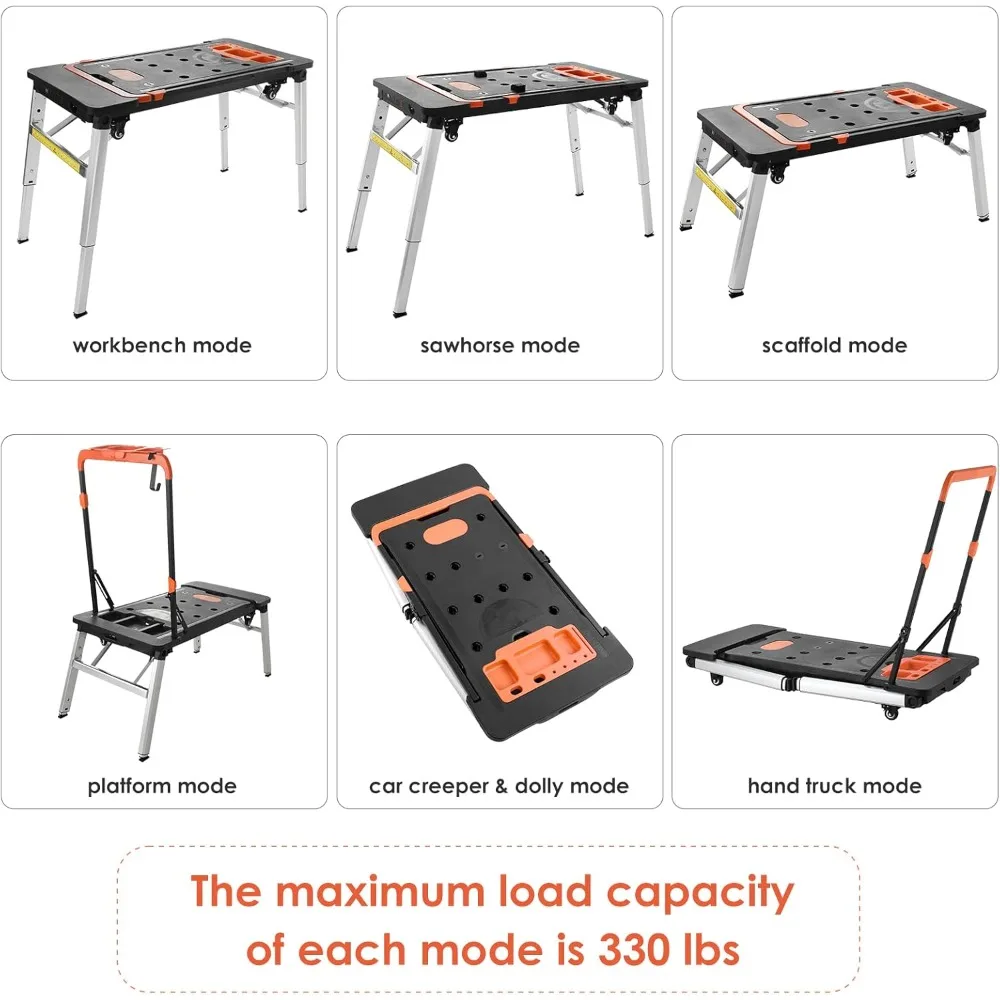Multifunctional Folding Work Table, 7 in 1 Work Benches for Garage, as Portable Workbench, Sawhorse, Scaffold, Platform,