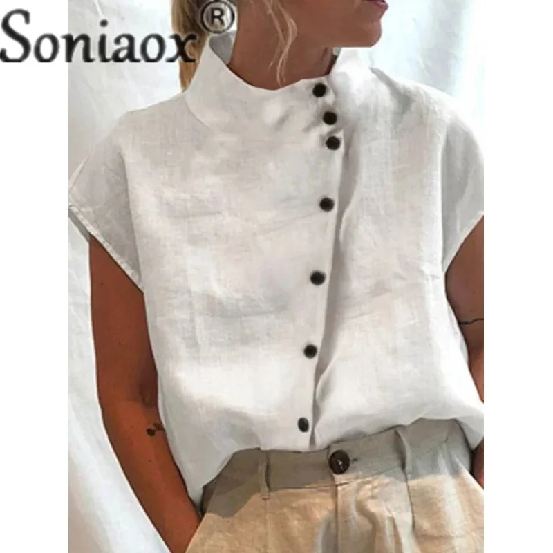 Camisa elegante de lino y algodón con cuello levantado para mujer, cárdigan de estilo Simple con una botonadura, Tops, blusa holgada informal para mujer 2023