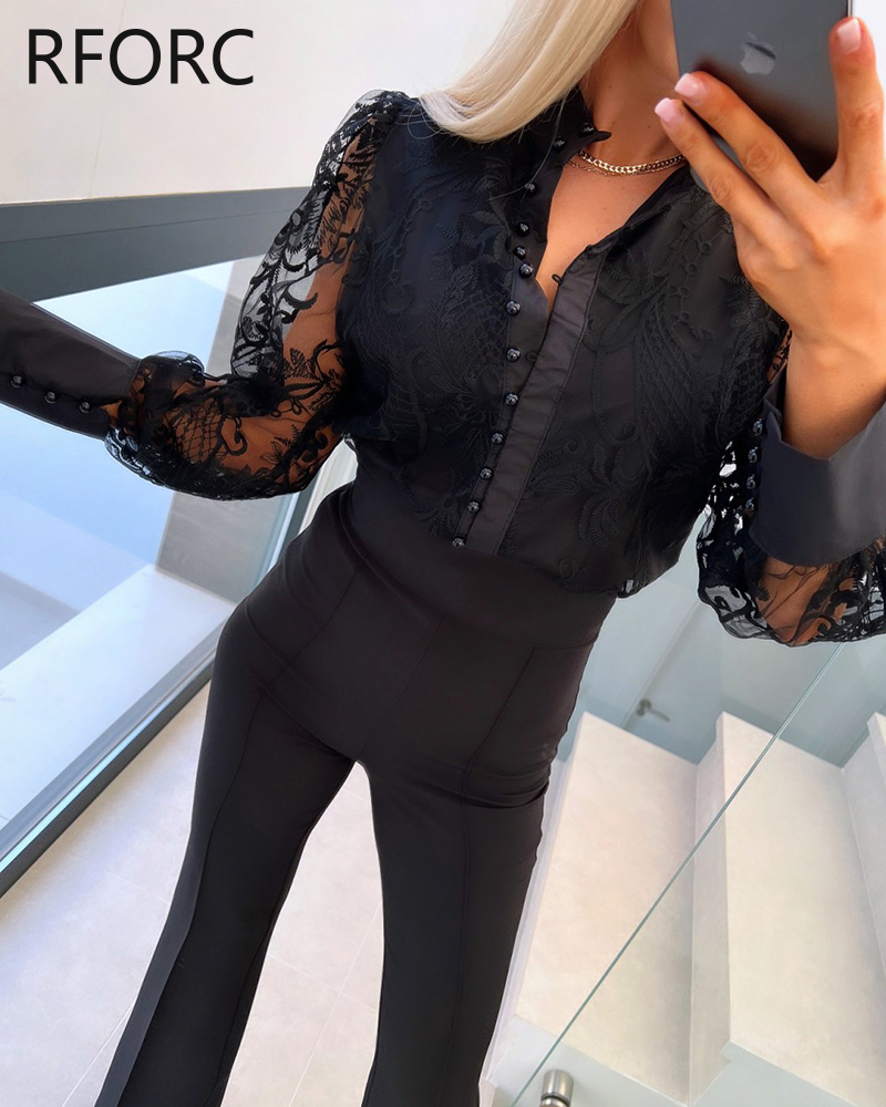 2024 Frauen lange Ärmel Perlen Knopf Spitze Blume hohl umdrehen Hals Bluse Hemd Top