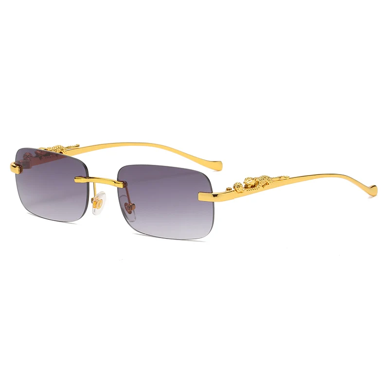 Rectangular Sunglasses With Metal Hinge,Frameless For Men and Women, Clear Retro Shape Lenses, Cheetah Trim, Stylish, UV400