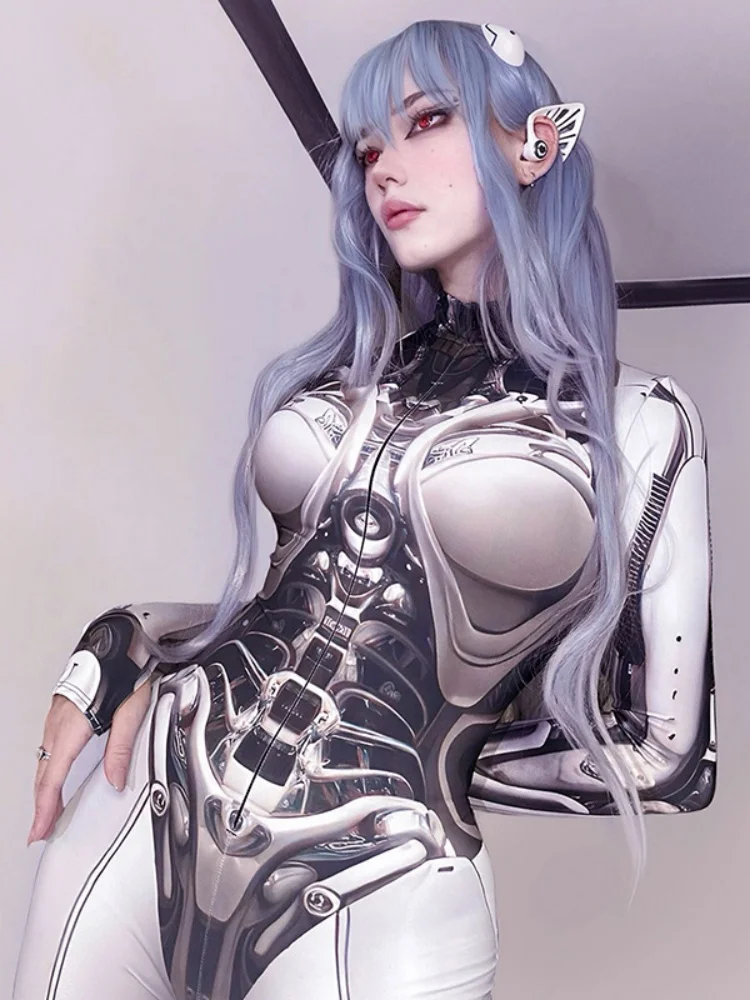 Moda estilo mecânico impressão macacões para mulher de uma peça decote semi-alto com mangas compridas macacão feminino y2k
