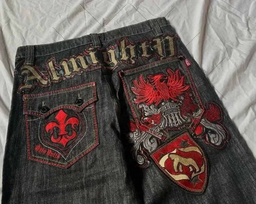 Amerikanische High Street Patchwork Brief bestickte Jeans für Männer Gothic Harajuku Mode Jeans mit weitem Bein Y2K Retro Freizeithosen