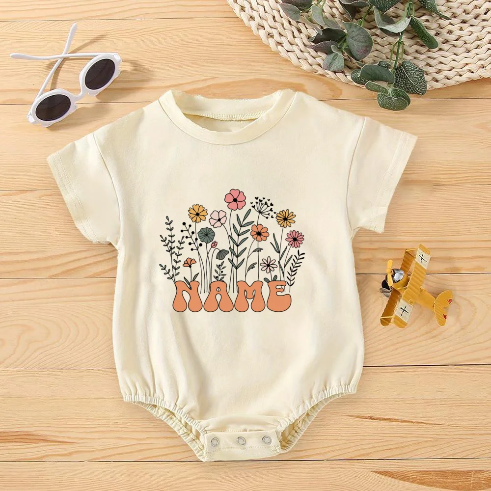 Personalised Flower with Name Bubble Romper Infant Summer Clothes Baby Oversized Bodysuit Retro Newborn Short Sleeve Jumpsuit