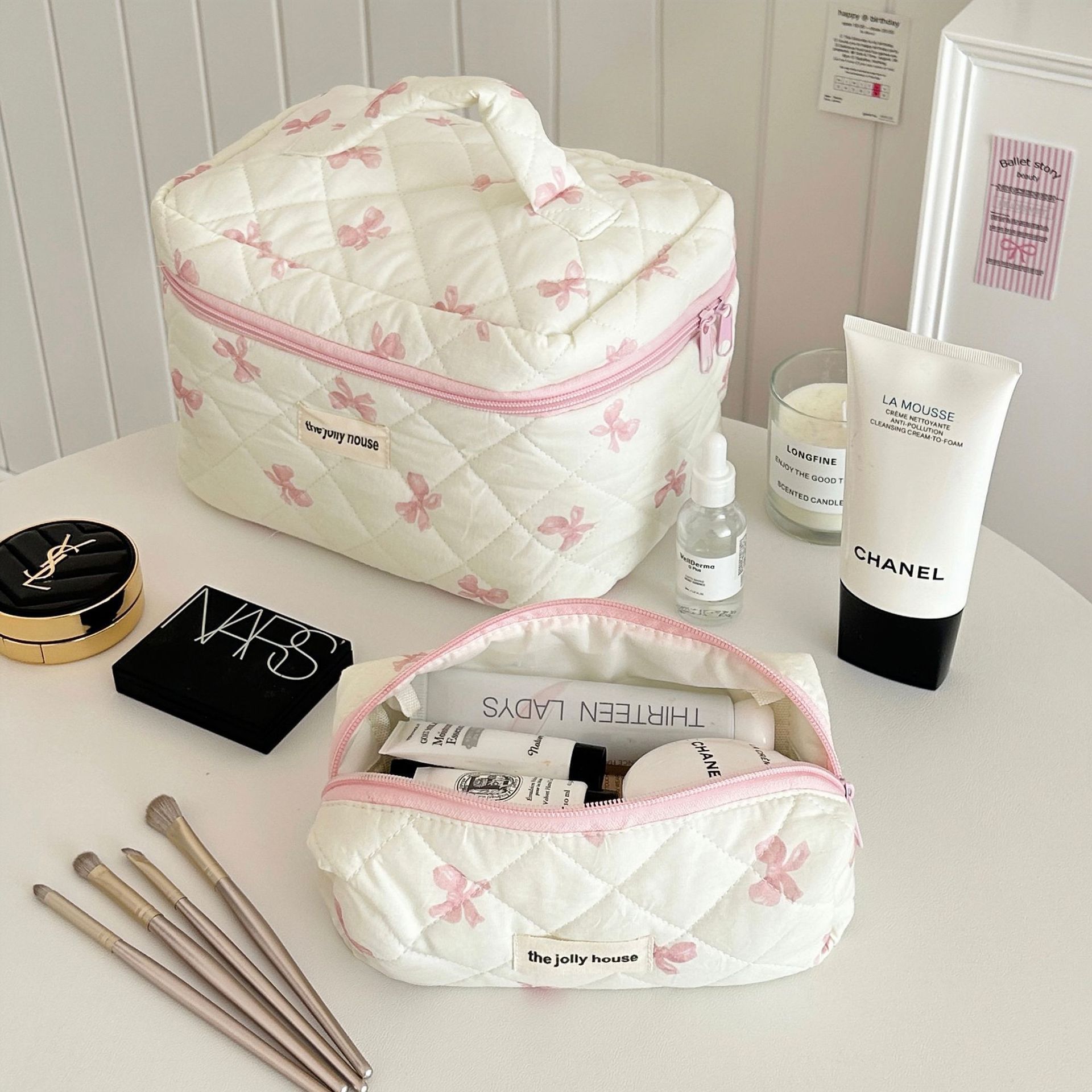 Bonito arco flor acolchoado algodão saco de maquiagem feminino zíper organizador cosmético feminino pano bolsa portátil caso de higiene pessoal para meninas