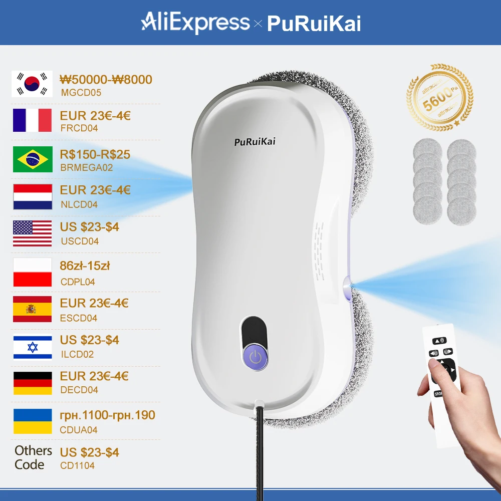 PuRuiKai Robot de limpieza de ventanas automático con doble pulverización automática 5600Pa succión Control remoto detección de bordes para el hogar