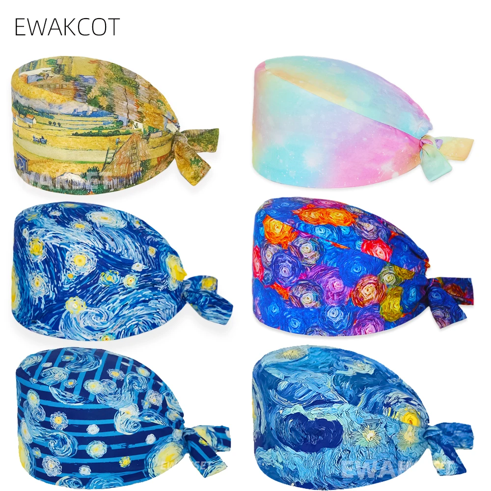 Gorro quirúrgico Van Gogh con banda elástica para el sudor para enfermera, médico, gorros médicos de Hospital de algodón, gorros de belleza para clínica Dental y Spa