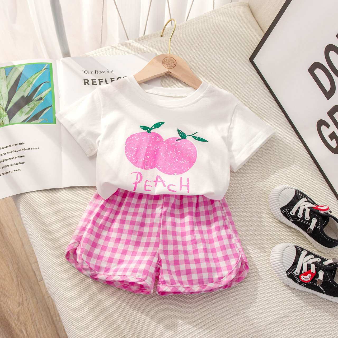 Set per bambini 2 pezzi Top girocollo a maniche corte + pantaloncini scozzesi Frutta Limone Uva Cartoon Design Abbigliamento esterno Casual Estate Ragazze