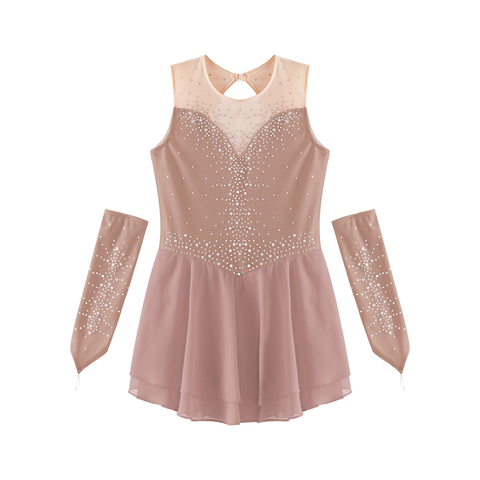 Traje de patinação no gelo para meninas, strass brilhante, vestido collant com luvas para crianças, balé ginástica rítmica, dança lírica