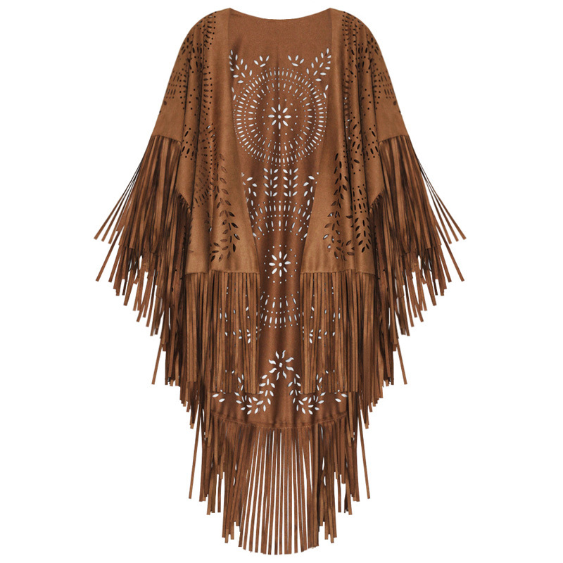 Camel gamuza Floral ahueca hacia fuera el chal con flecos y borlas mujeres capas Vintage Ponchos otoño cárdigan bohemio capa capas bohemias