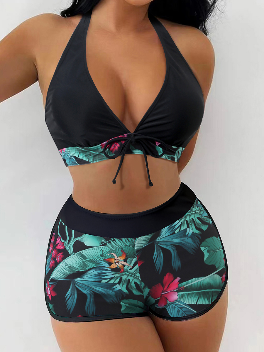 Maillot de bain court pour femmes, col licou, ensemble deux pièces, taille haute, imprimé, pour baigneurs, vêtements de plage, 2024