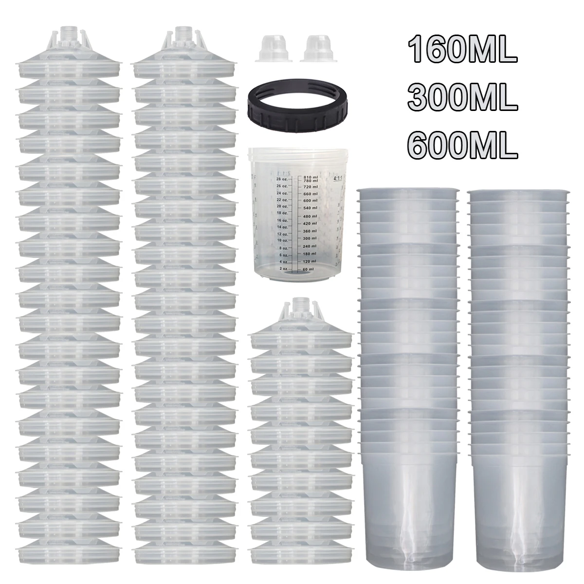 50 unids/set pistola pulverizadora taza mezcladora de pintura H/O taza rápida pistola pulverizadora tanque 160ML/300ML/600ML taza de pintura desechable