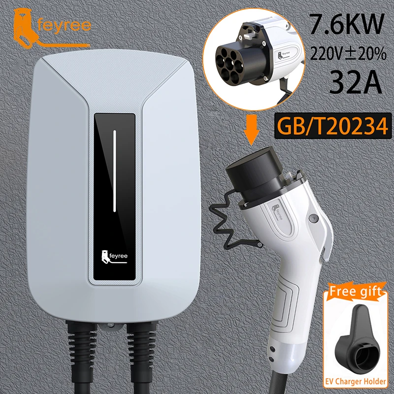 Feyree-cargador EV tipo 2, enchufe EVSE Wallbox 32A, 7KW, enchufe de IEC62196-2, Cable monofásico de 5m, estación de carga de montaje en pared para coche eléctrico
