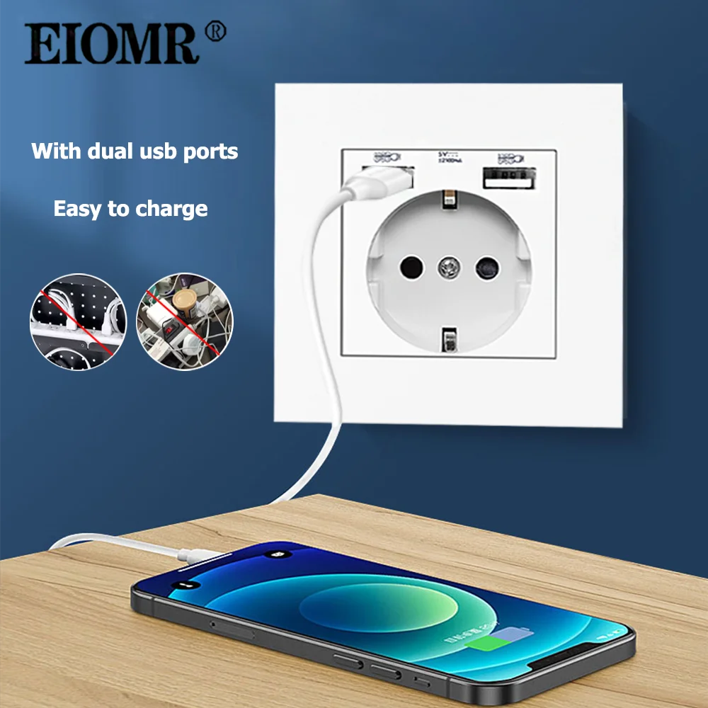 EIOMR toma de corriente USB de pared 5V 2.1A UE Francia toma de corriente 16A enchufe de puerto USB Dual enchufe de puerto de carga de teléfono IOS Android