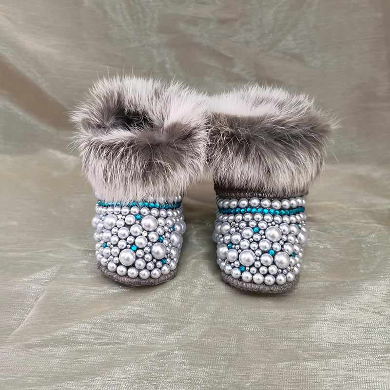 Doll bling Mama Daugther Baby benutzer definierte Perlen Stiefel personal isierte handgemachte Luxus Pelz Säugling Elfenbein Perlen bling Winter Botties