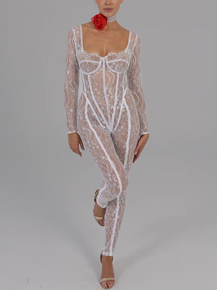 Fantoye セクシーなシースルーレース花女性ジャンプスーツ白長袖中空アウトジャンプスーツ秋ボディコンエレガントなパーティークラブウェア