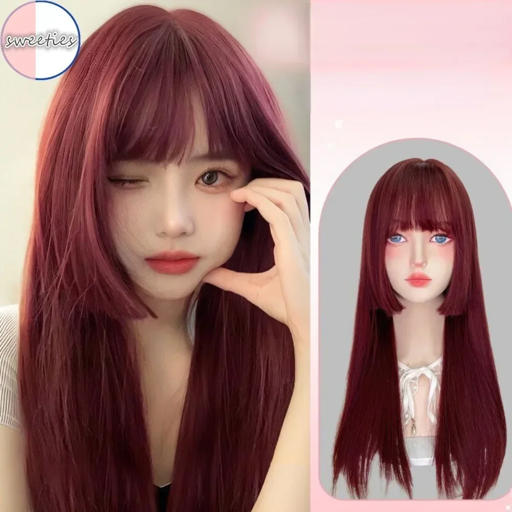 Simulado vento de seda de alta temperatura cor vermelha peruca de cabeça cheia aumentar o volume do cabelo princesa meninas perucas longas retas 75cm