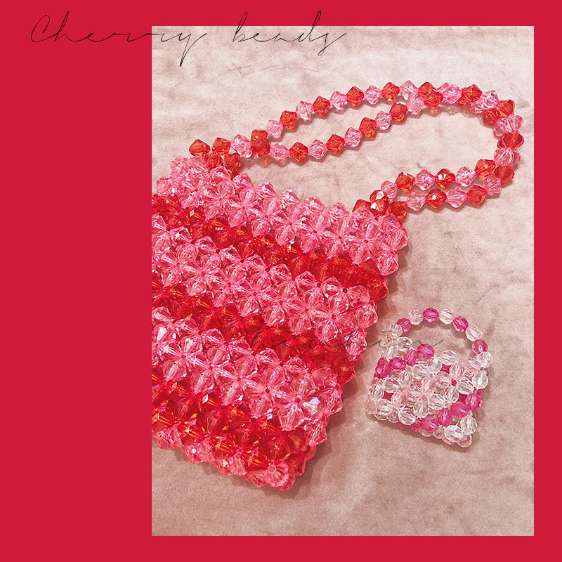 Cherry Color Transparent Bag Beautiful Handmade Beaded Own Designer Handbag Acrylic Hand-woven Beaded Crystal Pearl Clear Purses