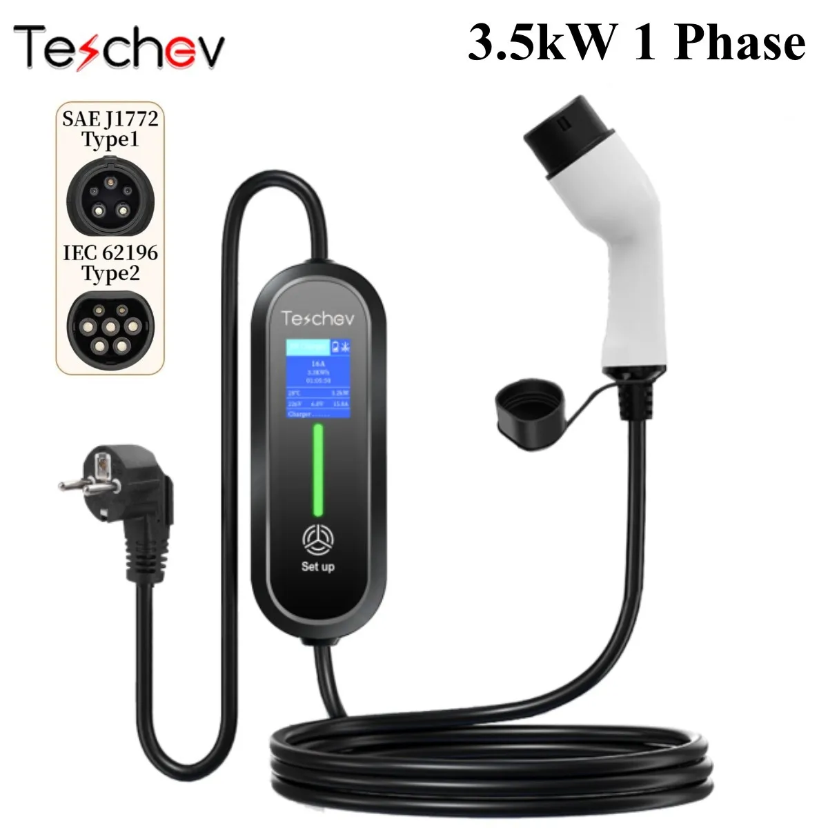 Teschev-cargador portátil EV de 220V y 230V, Wallbox 16A Type1 J1772, Cable de carga Type2, enchufe Schuko IEC62196 para coche eléctrico