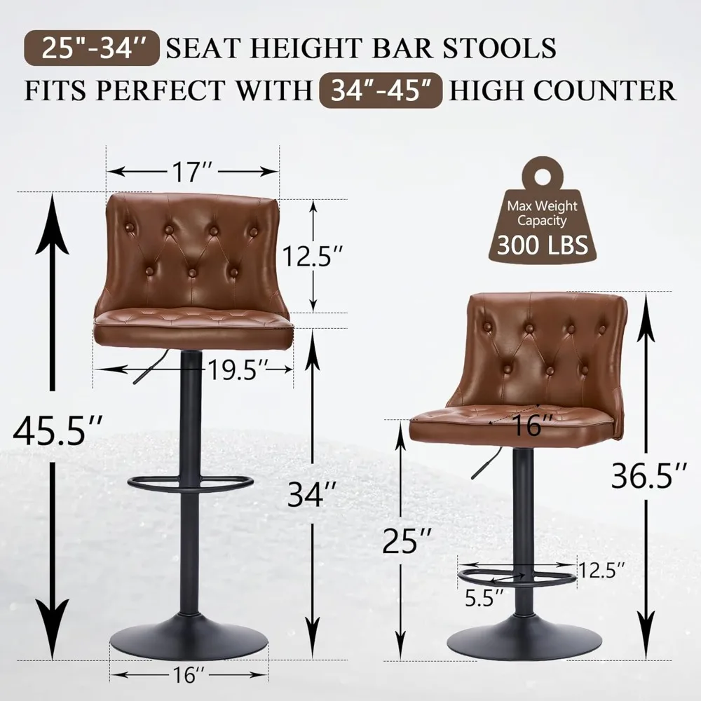 Bar Stools Set of 2,Swivel Bars Stools with Back,Adjustable Counter Height Bars Stool 25-34,Retro Bar Stools for Kitchen Island