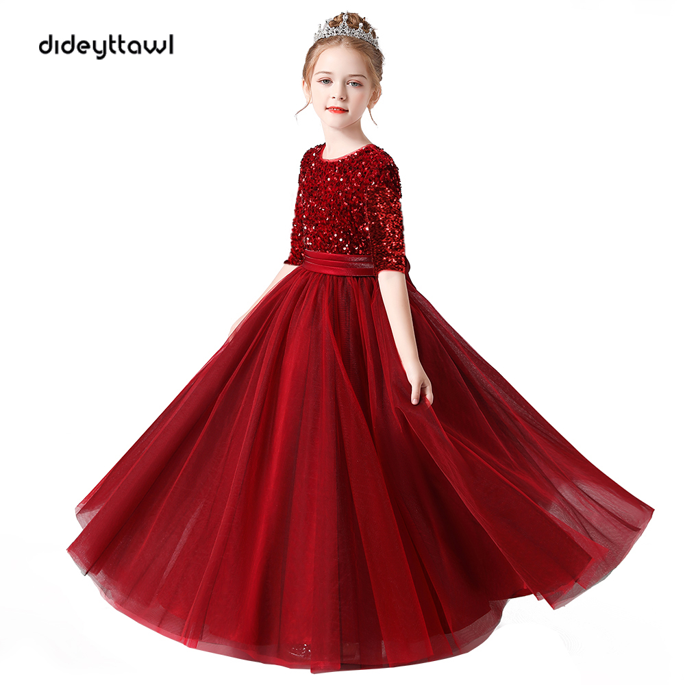 Dideymywl-カスタマイズされた半袖の花の女の子のドレス,花嫁介添人のスパンコールのチュール,ふくらんでいるスカート,女の子の誕生日パーティーのページェントドレス
