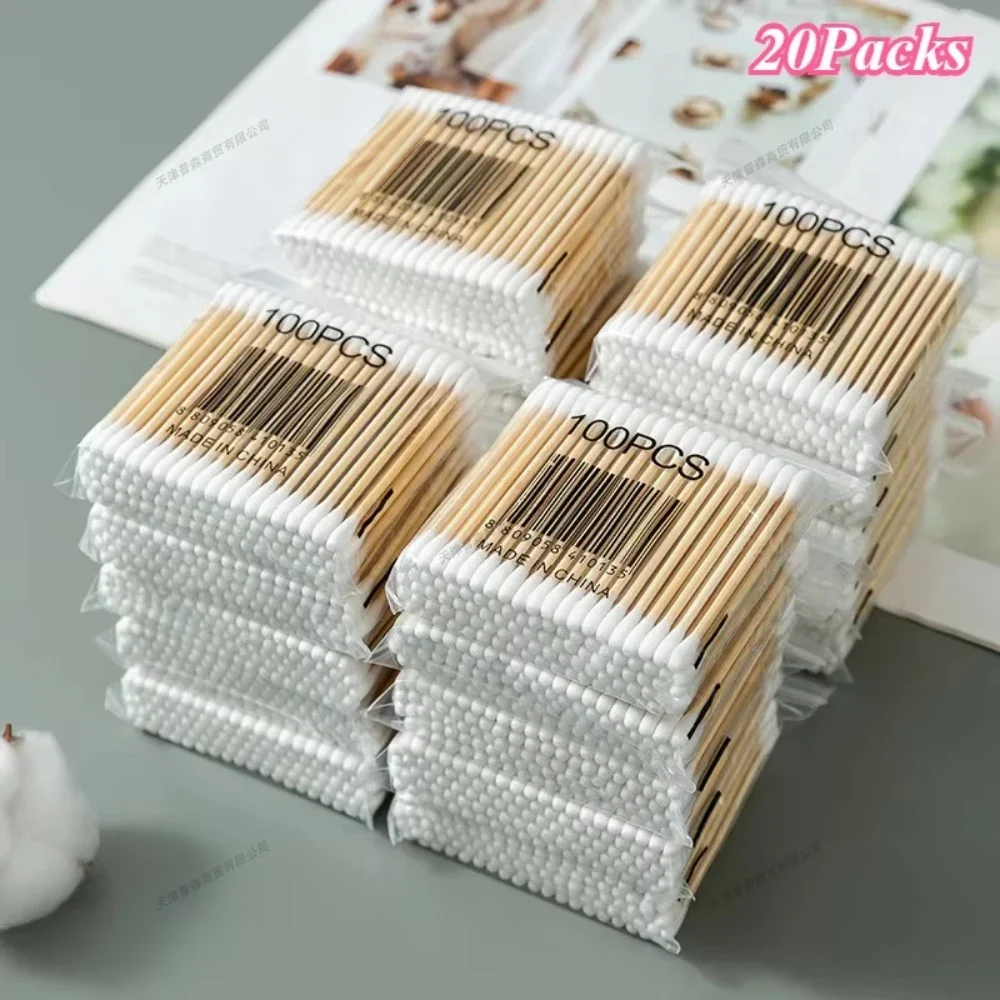 100 개/갑 나무 스틱 아기 면봉 1-20 팩 귀 청소 탐폰 건강 미용 면봉 청소 면봉