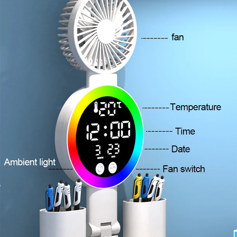 Wiederaufladbare LED-Tischlampe für Arbeitszimmer, Schreibtischlampe, Leselicht, LED-Nachtlicht mit Ventilator, LED-Uhr, Display, Lesen, Schreibtischleuchte