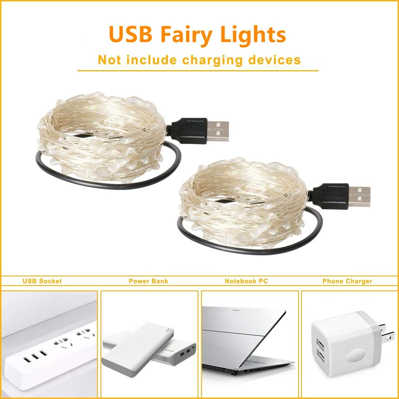 USB Led フェアリーライト銅線ストリング 20 メートル 200LED ホリデー屋外ランプガーランドクリスマスツリー結婚式パーティーの装飾