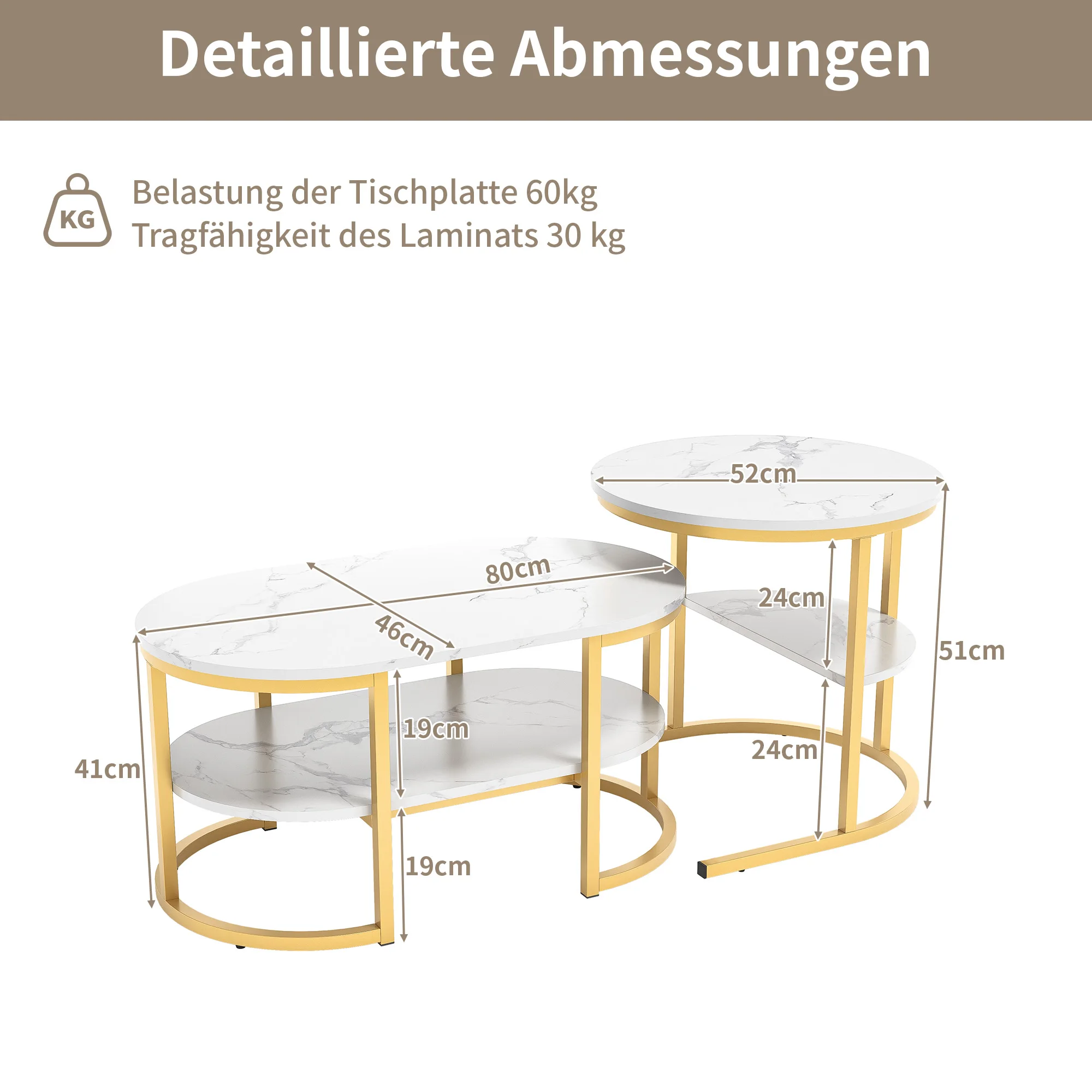 Lazyspace Couchtisch, runder weißer Marmor mit Gold/Schwarz – runder Wohnzimmertisch, 2er-Set für Wohnzimmer – Durchmesser 80 x 52 cm
