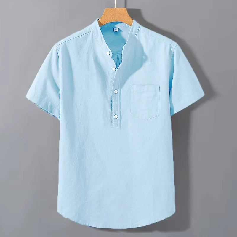 ฤดูร้อนStand Up Collarเสื้อTสีทึบแขนสั้นผ้าฝ้ายเสื้ออินเทรนด์BreathableหลวมเยาวชนBasic Pocket Top