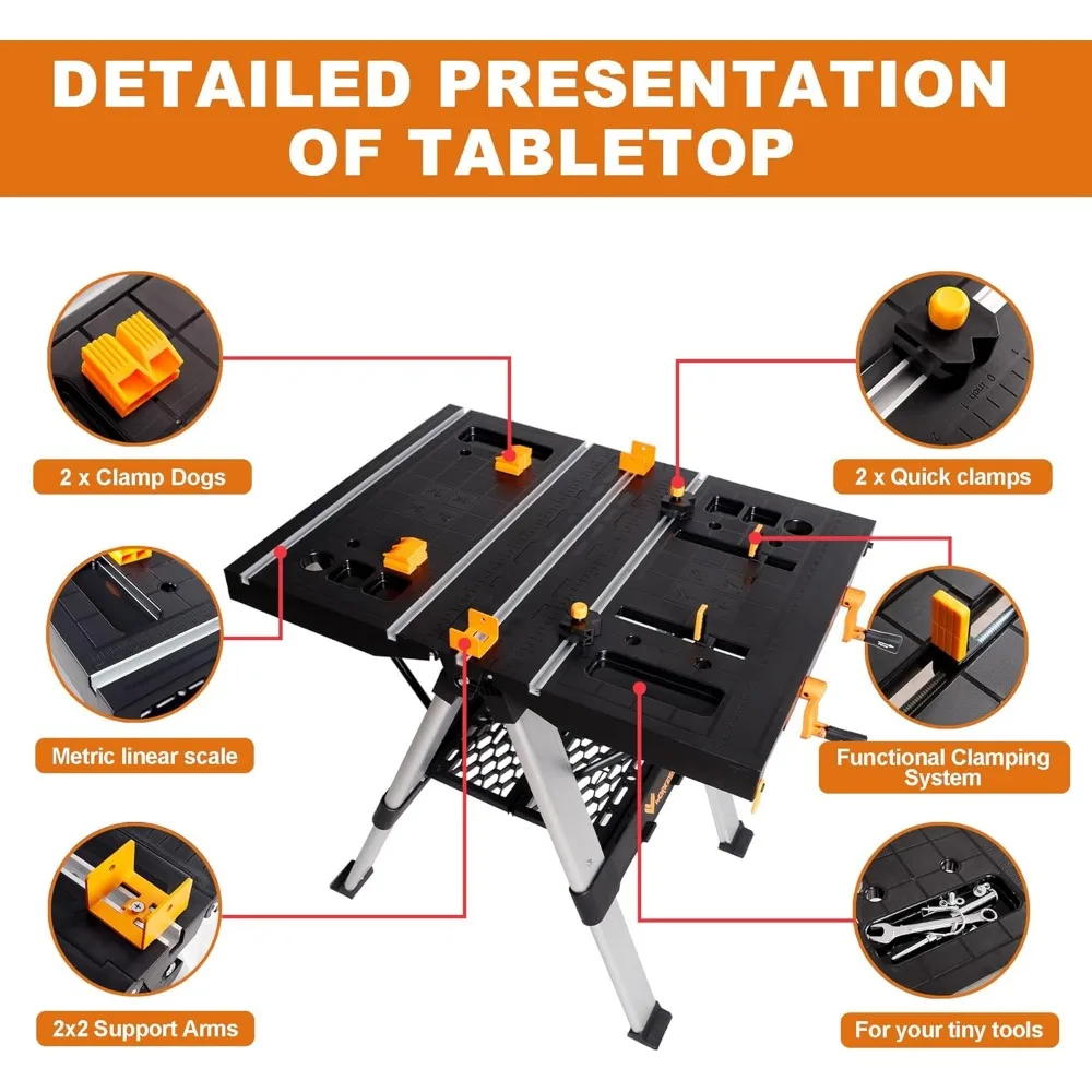 Portable Workbench & Sawhorse, 440Lbs/1000Lbs Capacity Heavy Duty Folding Work Table, 21.5"-32.5" Adjustable Height with Clampin