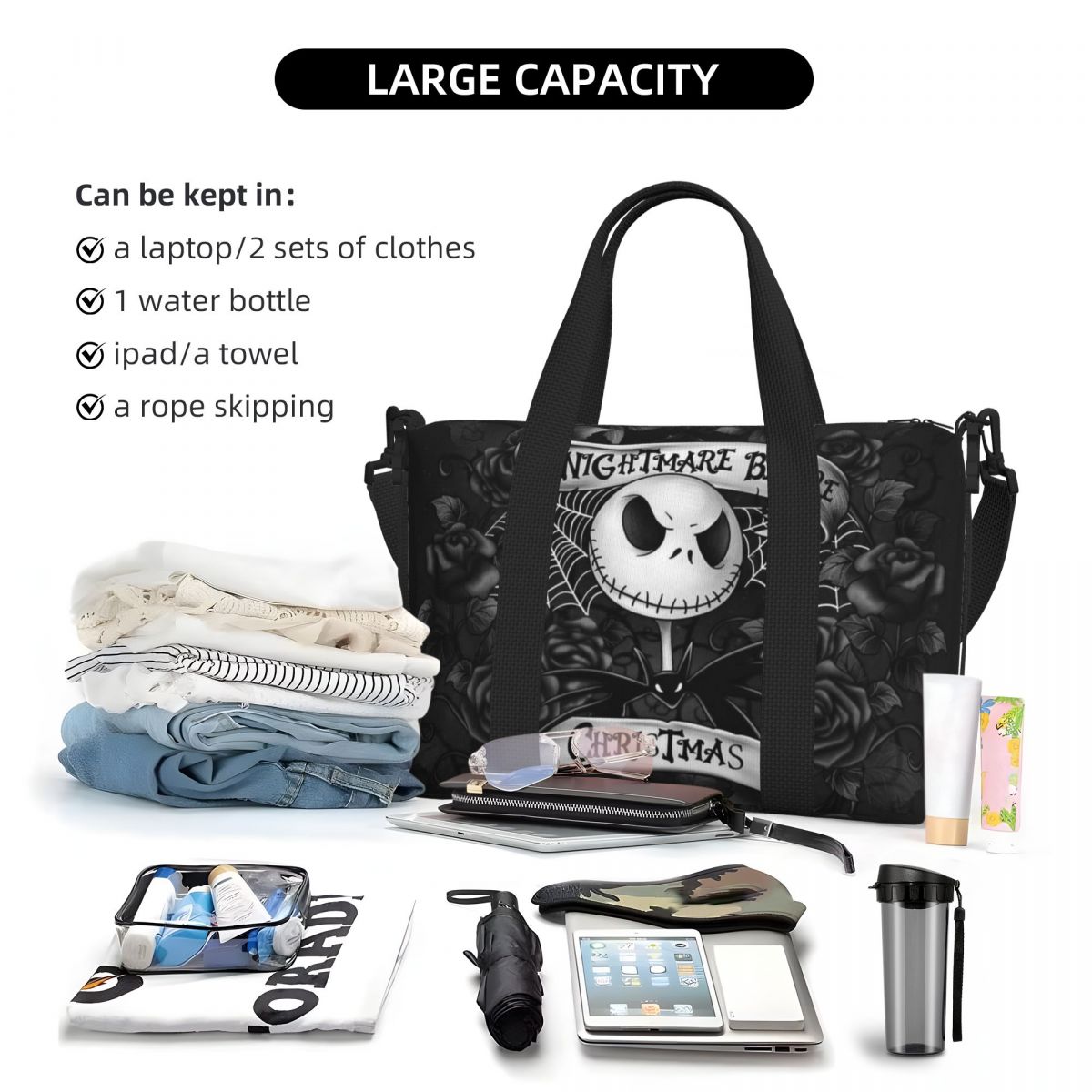 Benutzerdefinierte The Nightmare Before Christmas Strand-Einkaufstasche für extra große Fitnessstudio-Handgepäck-Reisetaschen mit Totenkopf-Jack-Skelett