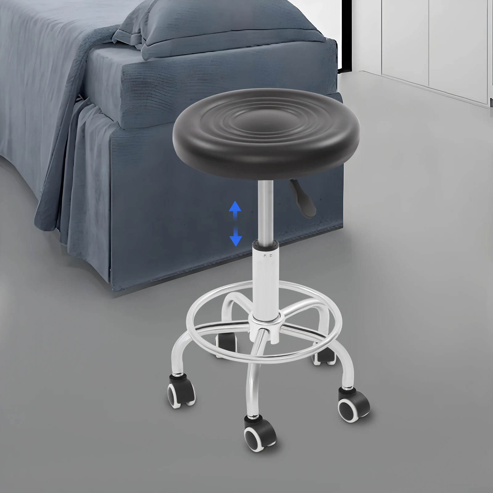 Altezza regolabile 360 °   Sgabello da bar girevole con rotelle Sgabello da salone Spugna in acciaio Nero Argento Moderno 5 ruote