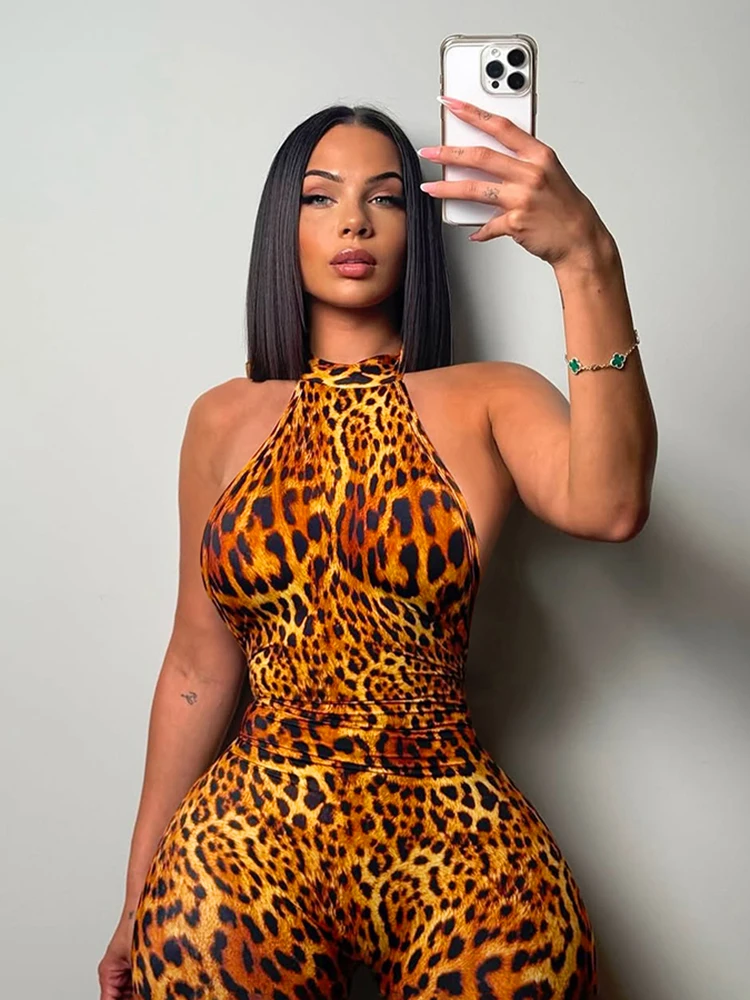 Nibber Sommer Trend Rückenfreier Strampler Damen Halter Bandage Leopardenmuster Fit Enge Stretch Sexy Hipster Aktivität Workout Playsuits