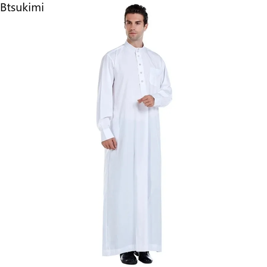 2025 イスラム教徒のファッションアバヤ男性のための無地長袖カフタンスタンドカラーローブトーブ Jubba Dishdasha Thawb イスラム服