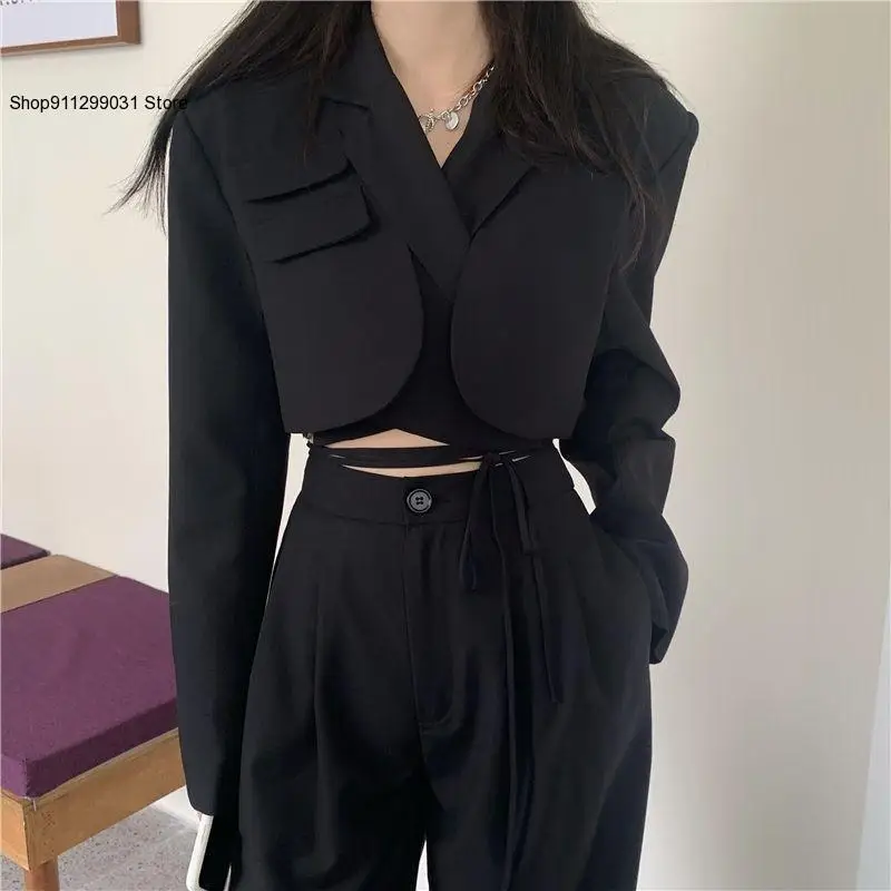Chaqueta corta y pantalones de cintura alta para mujer, traje Sexy de pierna ancha, conjunto de 2 piezas, moda de verano