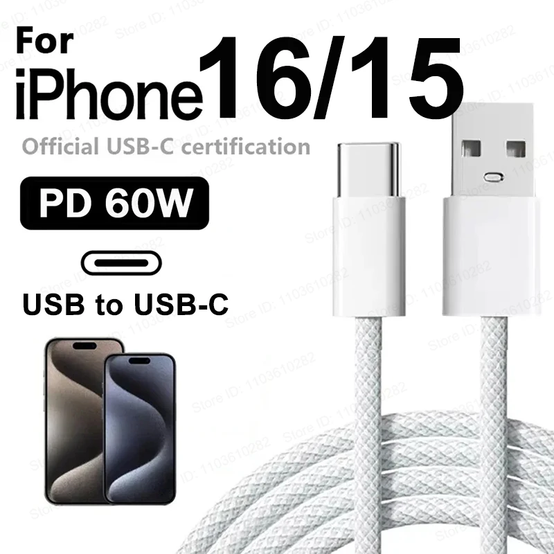 Cable de carga rápida Original PD USB a USB-C de 60W para Apple iPhone 16 Pro Max 15 Plus tipo C Cable de cargador rápido Xiaomi Samsung