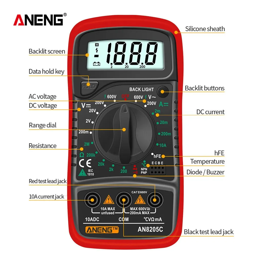 Aneng AN8205C ดิจิตอลมัลติมิเตอร์ ac/dc ammeter โวลต์โอห์มมัลติเมโทรเครื่องทดสอบพร้อมไฟแบ็คไลท์ LCD แบบพกพา