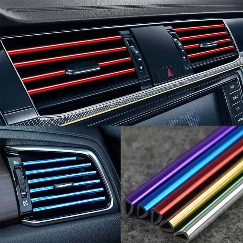 10 Uds. Tira embellecedora de salida de ventilación de aire acondicionado de coche de 20cm, tira embellecedora de coche brillante colorida de PVC cromado en forma de U para decoración de coche