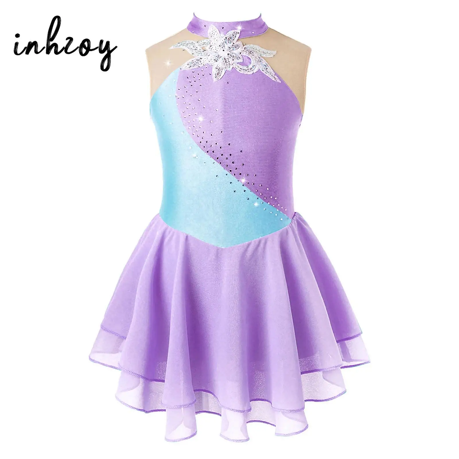 Eiskunstlauf kleid für Mädchen Ballett gymnastik Trikot Blumen Strass Mesh Spleiß Skater Tanz wettbewerb Kostüm