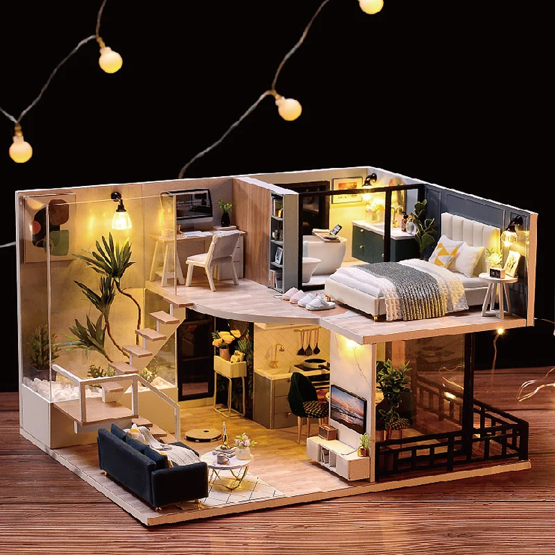 Kit de madeira Mini Doll House, Montagem de construção com móveis 3D Puzzle, brinquedos artesanais, presente de aniversário infantil