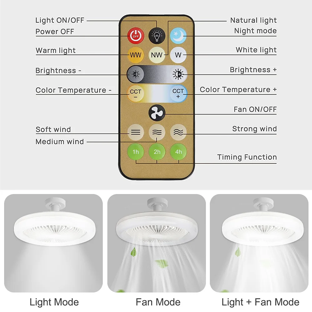 E27 30w LED Ceiling Fan with Light Remote Control Dimmable Ceiling Bulb with Cooling Fan 3 Modes Indoor Bedroom Chandelier