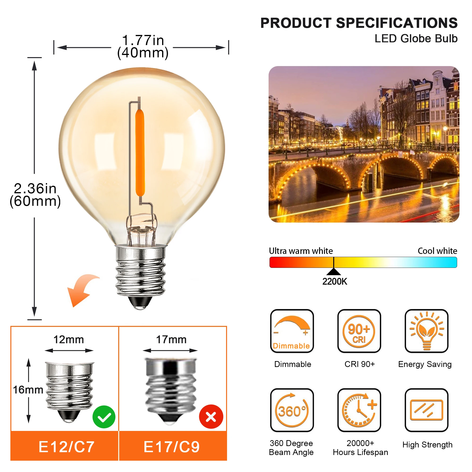 G40 Outdoor Lichtslinger Vintage Amber Glas Led-lamp Dimbaar IP44 Waterdicht Thuis Patio Decor Aansluitbaar Garland Fairy Light