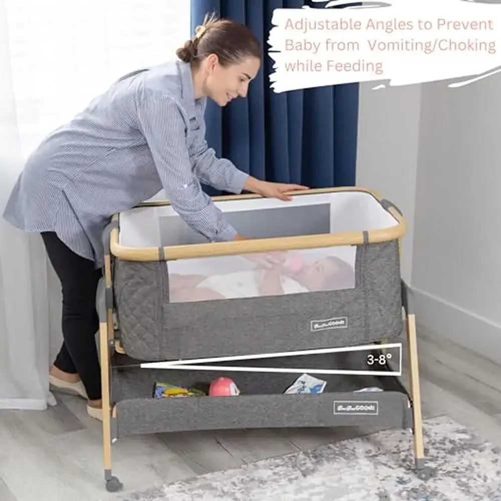 3 in 1 Adjustable Heights Baby Bedside Sleeper with Foam Mattress Portable Co-Sleeper Crib Durable Aluminum Build Comfortable