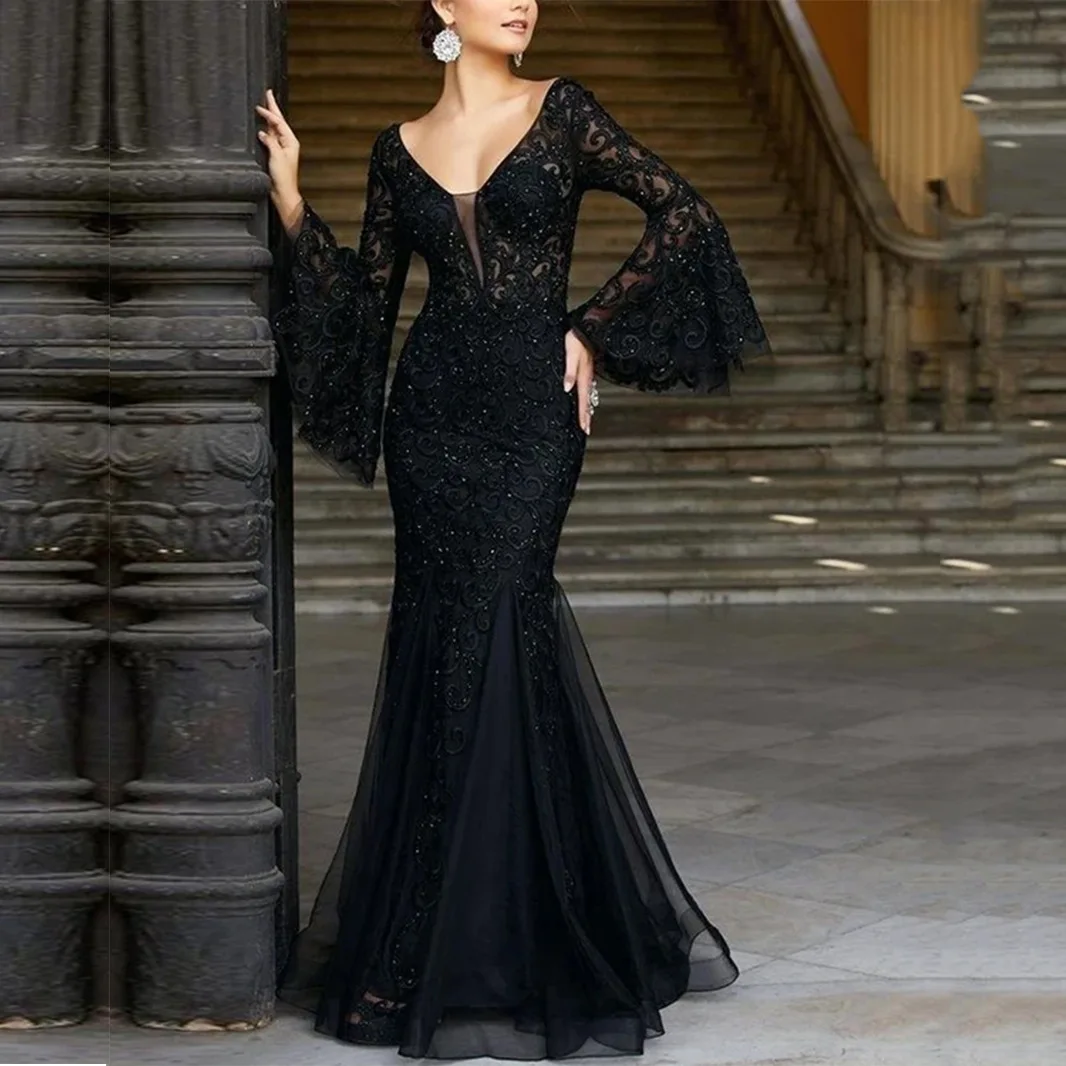 Vestido de noche con cola de pez para mujer, traje sexy ajustado, elegante, de encaje negro, falda larga, novedad de 2024