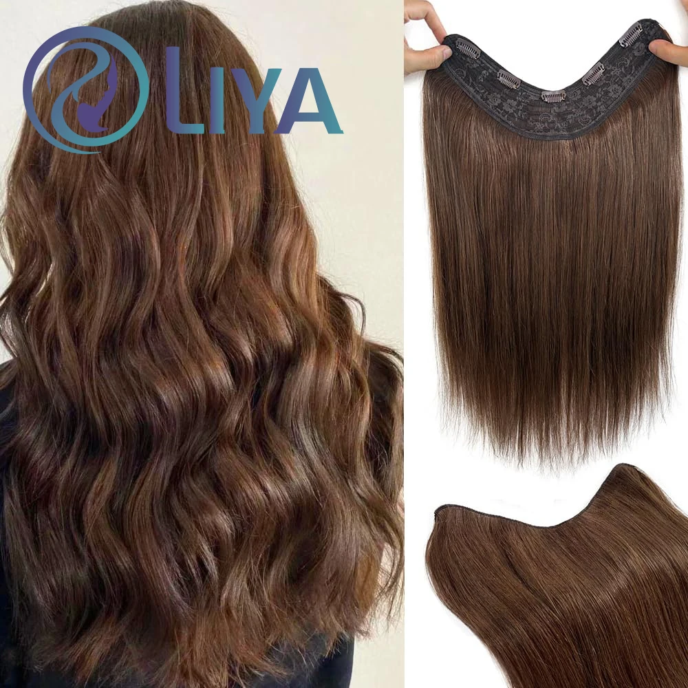 Grampo de uma peça em extensões de cabelo humano 1 peça 5 clipes 3/4 cabeça inteira # 4 clipes retos castanhos médios em extensões de cabelo humano