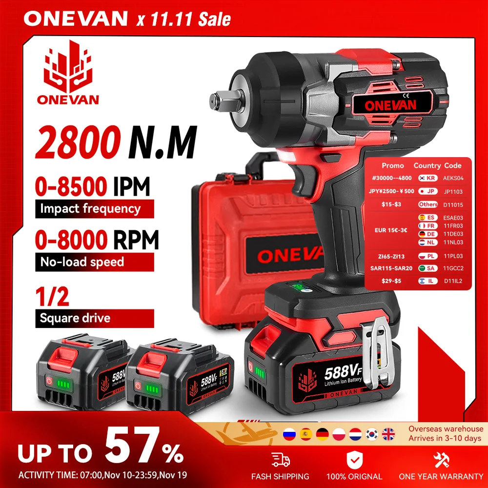 ONEVAN 2800N.M 2800 Вт бесщеточный электрический ударный гайковерт 1/2 дюйма аккумуляторный ключ отвертка электроинструмент для Makita 18 В аккумуляторный штифт