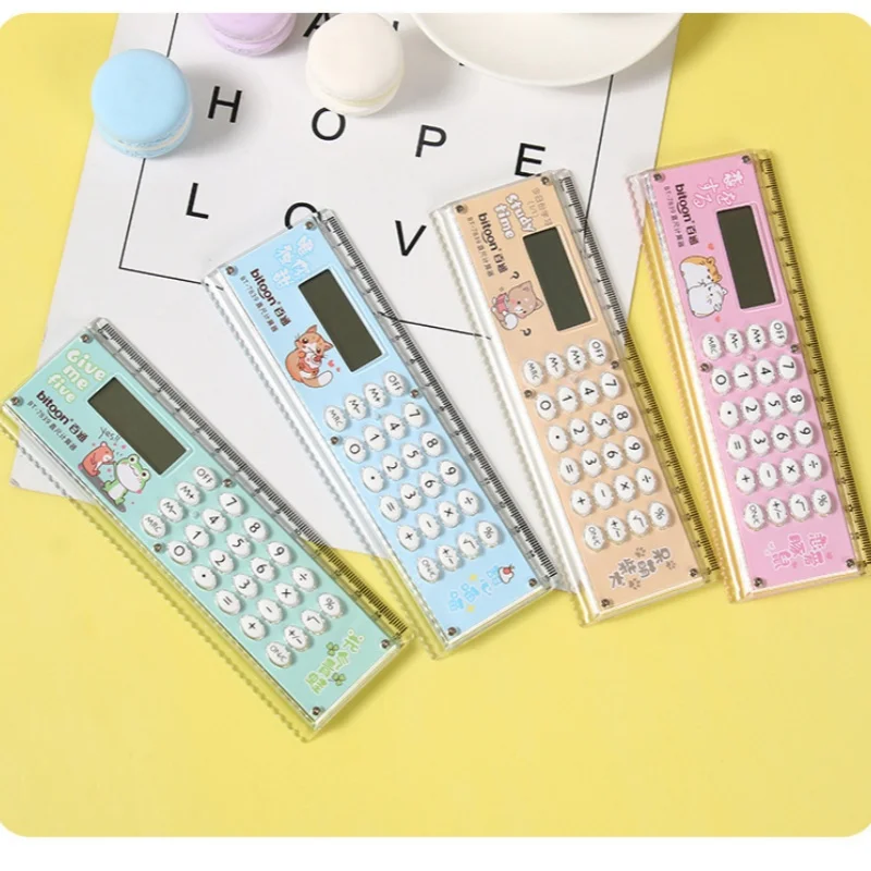 1pc Ruler Calculator Cartoon Cute Student Learning Supplies Learning Stationery Ruler MiNi Electronic Ruler Calculator Dual Use
